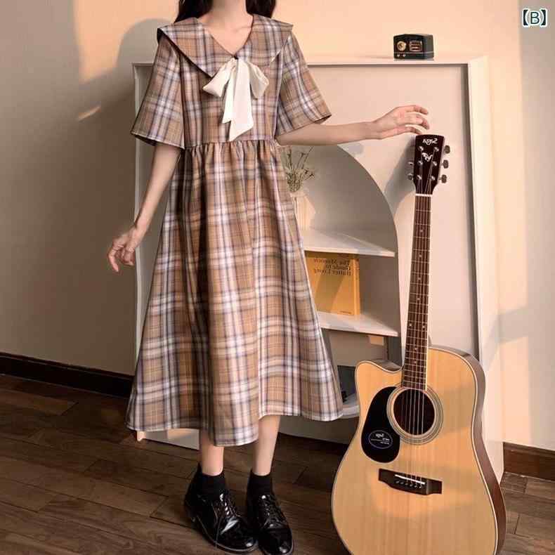 ワンピース レディース セーラー襟 ロング丈 チェック柄 長袖 学院風 通学 学生 日本語風 日系 カジュアル かわいい 春夏 マキシ丈 プリーツ vision-stores-10334206 ビジョンストア サンプル画像3
