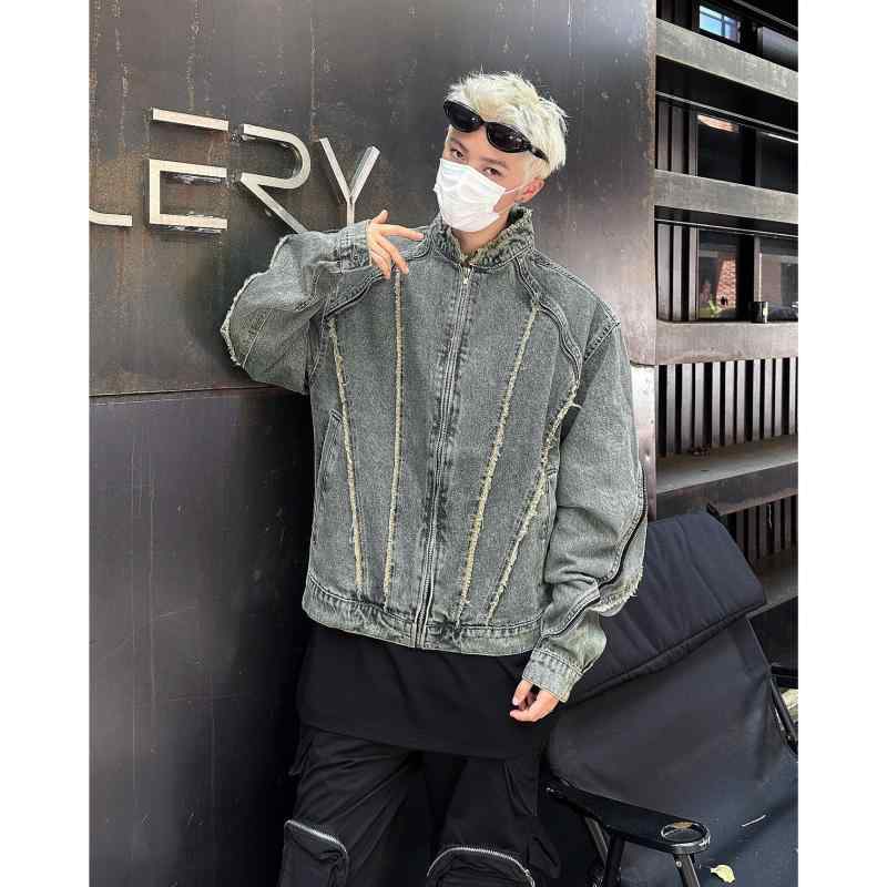 ジャケット メンズ ヴィンテージ風 デニム 切り替え フリンジ ウォッシュ加工 スタンドカラー ライダース風 ショート丈 春秋 アメカジ 普段使い