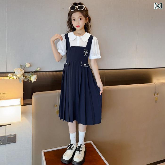 ビジョンストアのワンピース 女の子 キッズ 半袖 襟付き ドッキング 膝丈 切り替え 配色 薄手 通学 かわいい お出かけ 普段着 おしゃれ 春夏｜アングル2