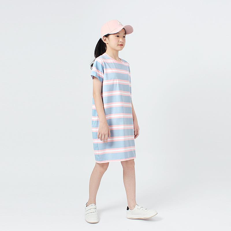 ワンピース 女の子 韓国風 ストライプ 配色 半袖 パジャマ風 春夏 ルームウェア 部屋着 カジュアル かわいい おしゃれ 綿混素材 お出かけ 普段使い 通気性 柔らかい 快適 デザイン性 遊び着 リラックスウェア