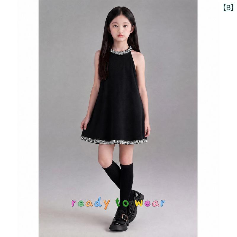 ワンピース キッズ 女の子 子供服 砂浜 夏 露背 ブラック クール スタイル