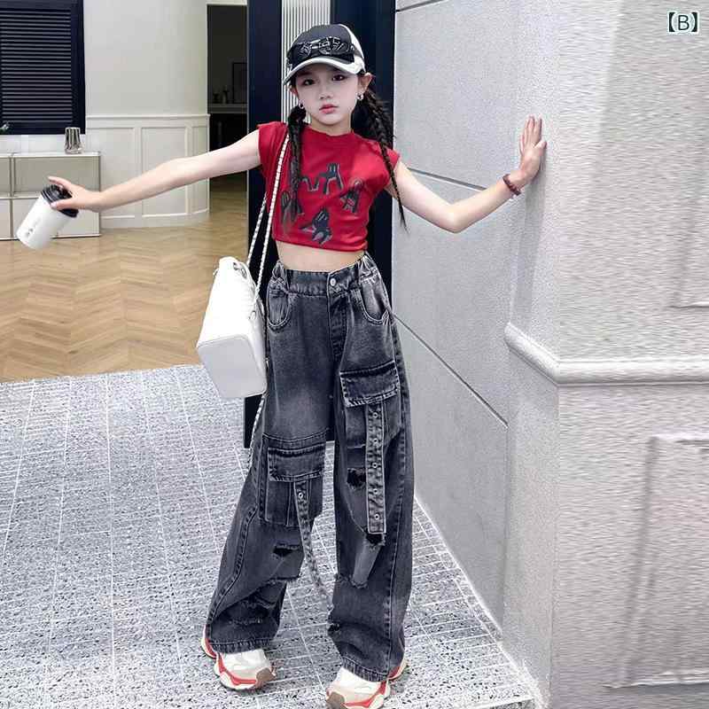 デニムパンツ キッズ 女の子 ハイウエスト ワイドレッグ ストレートパンツ カーゴパンツ ダメージ加工 ゆったり 着痩せ ズボン ボトムス カジュアル 普段使い 通学 おしゃれ かわいい — vista 3