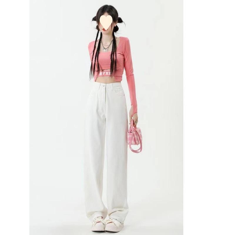 デニムパンツ レディース ストレート ズボン ホワイト ハイウエスト 美脚 ワイドパンツ 欧米風 ゆめかわ 体型カバー オールシーズン・素材: デニム（綿）・スタイル: ストリートカジュアル・パンツ丈: ロング・ウエスト: ハイウエスト・流行の要素: ポケット・カラー展開: ホワイト・サイズ展開: S,M,L,XL,2XL・素材構成: 綿70%-80%・伸縮性: 微弾性・シルエット: ストレート・カテゴリ: デニムパンツ