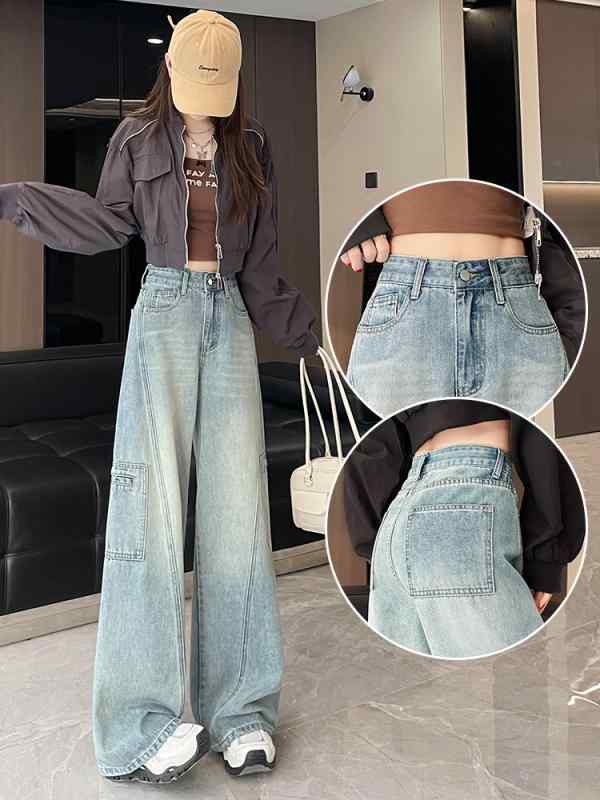パンツ レディース デニム ジーンズ ワイドパンツ ヴィンテージ風 ハイウエスト ジーパン パンツ ゆるパンツ ワークパンツ ストレートパンツ フルレングス 春 カジュアル ゆったり ストリート 普段使い