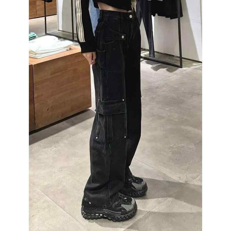 デニムパンツ レディース 秋 ハイウエスト ストレート ルーズ ワークパンツ アメリカン ストリート風 着痩せ ワイドレッグ ゆったり カジュアル ボトムス・素材: デニム（綿）・スタイル: ワイドパンツ・丈: ロング・腰回り: ハイウエスト・流行: 纽扣・カラー展開: ブラック・サイズ展開: S, M, L, XL, 2XL・テイスト: 都市風・カテゴリー: デニムパンツ