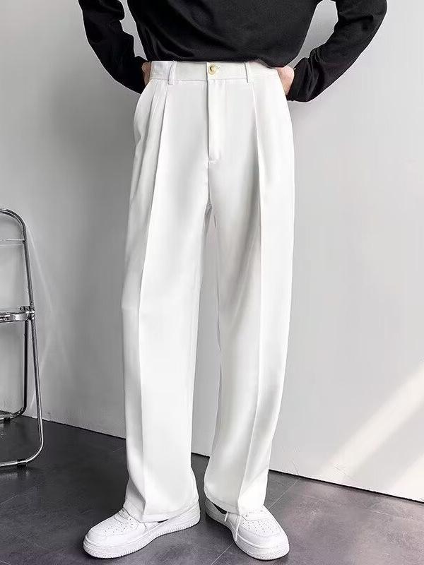 休閑 ジャケットパンツ メンズ 春季 日系 輕奢 高級感 垂感 ドレープ 黒 黒色 西パンツ ストレート ワイドシルエット ロングパンツ・裤型: 直筒型・误差范围: その他・適合季节: 四季・是否库存: 是・库存类型: 整单・面料名称: 化纤类混纺・主面料成分: 聚酯纤维（涤纶）・主面料成分的含量: 93・适用场景: 休闲・工艺: 免烫处理・款式细节: 撞色・颜色: 白色,灰色,黒色・尺码: M,L,XL,XXL,XXXL・适用人群: 青少年・弹力: 无・适用年龄段: 成人・适用性别: 男・白色西裤: 1・产品类别: 西裤