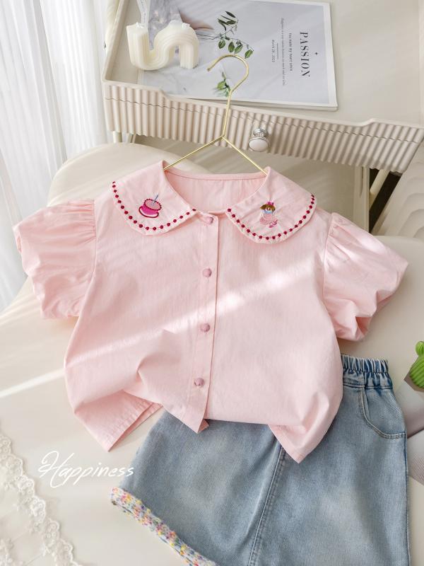 シャツ 女の子 キッズ ベビー 半袖 襟付き フリル 刺しゅう 刺繍 ぽわん袖 泡泡袖 トップス ブラウス カットソー 綿 コットン 通気性 吸水性 薄手 無地 ホワイト アイボリー かわいい おしゃれ スウィート ガーリー カジュアル 通園 通学 普段