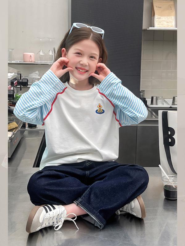 Tシャツ キッズ 女の子 ボーダー柄 ラグラン袖 配色 トップス 長袖 子供服 カットソー インナーシャツ プルオーバー カジュアル 丸首 クルーネック コットン 綿 伸縮性 ストレッチ 普段使い 通園 通学 春 秋