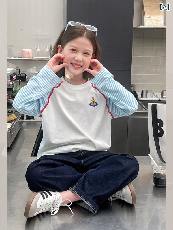 ビジョンストアのTシャツ キッズ 女の子 ボーダー柄 ラグラン袖 配色 トップス 長袖 子供服 カットソー インナーシャツ プルオーバー カジュアル 丸首 クルーネック コットン 綿 伸縮性 ストレッチ 普段使い 通園 通学 春 秋｜アングル2