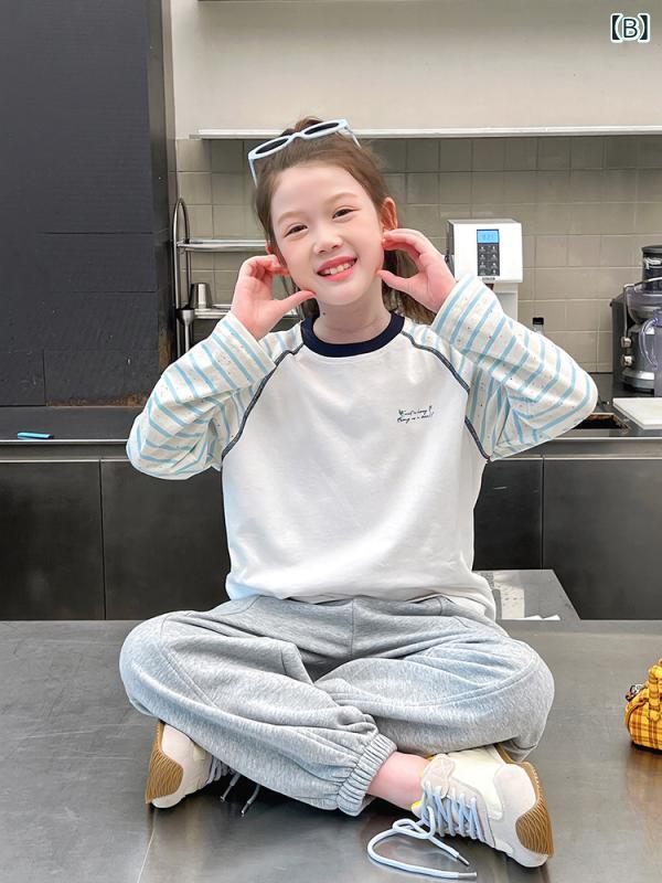ビジョンストアのTシャツ キッズ 女の子 ボーダー柄 ラグラン袖 配色 トップス 長袖 子供服 カットソー インナーシャツ プルオーバー カジュアル 丸首 クルーネック コットン 綿 伸縮性 ストレッチ 普段使い 通園 通学 春 秋｜アングル3