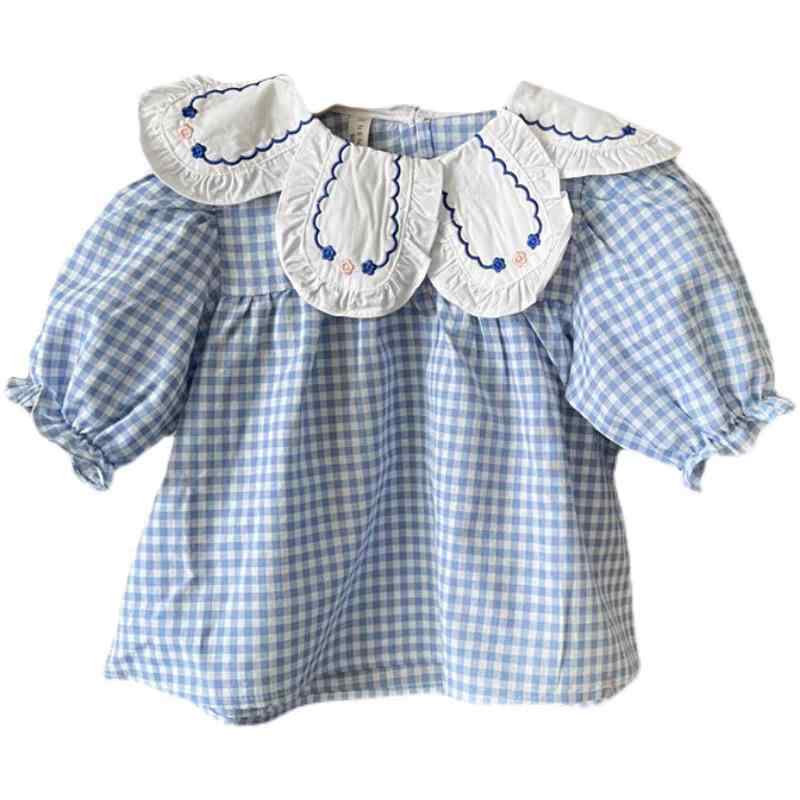 シャツ キッズ 女の子 子供服 長袖 ベビー トップス 襟付き ボリューム袖 バルーンスリーブ ギンガムチェック チェック柄 洋風 お出かけ 通園 通学 カジュアル ブルー 青 かわいい おしゃれ 春秋 春 秋 秋物 春秋 春秋