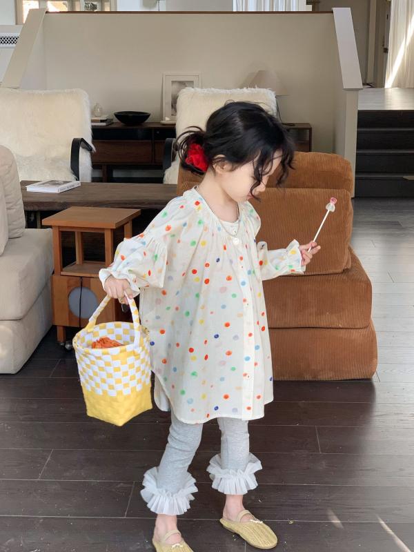 シャツ 女の子 キッズ 子供 長袖 チュニック トップス 襟付き 丸襟 カラフル ドット柄 水玉模様 切り替え ゆったり カジュアル 普段使い お出かけ 通園 通学 春服 春夏 かわいい オシャレ