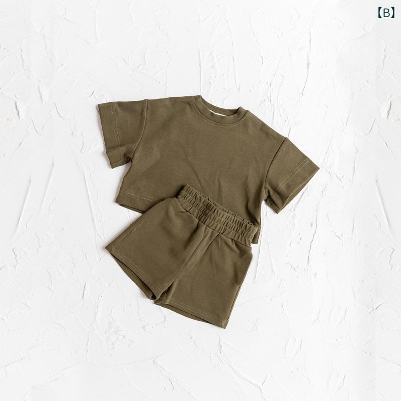 ビジョンストアのセットアップ ベビー キッズ 男の子 女の子 半袖 Tシャツ ショートパンツ 上下セット トップス ボトムス 半ズボン 運動着 ルームウェア 部屋着 普段着 パジャマ 無地 柔らかい 薄手 吸汗 通気性 コットン 綿 カジュアル 春夏｜アングル3