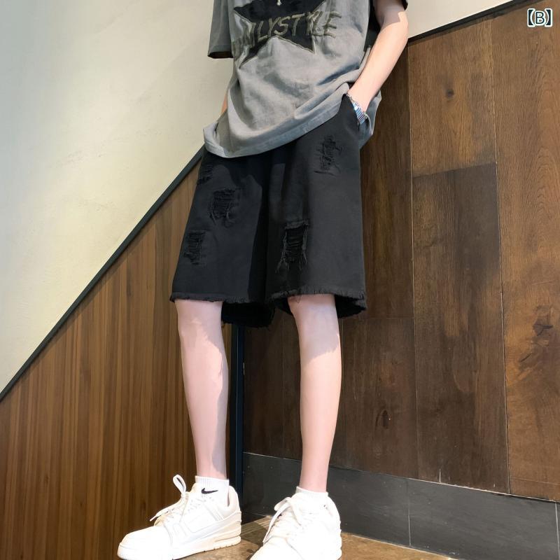 ハーフパンツ メンズ 大きいサイズ デニム ダメージ加工 アメカジ ヴィンテージ風 ストリート系 ウエストゴム 五分丈 切りっぱなし裾 春夏 伸縮性 カジュアル 普段使い インディゴ系 vision-stores-10364889 ビジョンストア サンプル画像3