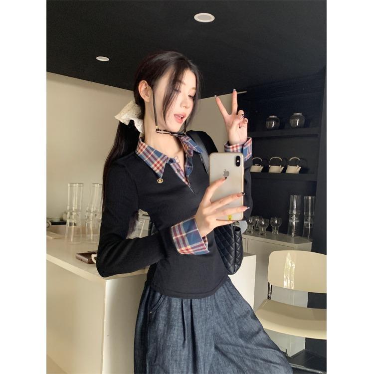 ニット レディース 長袖 ポロ襟 レイヤード風 チェック柄 ヴィンテージ風 黒 秋服 普段使い 通勤用 ビッグシルエット 伸縮性 トップス プルオーバー