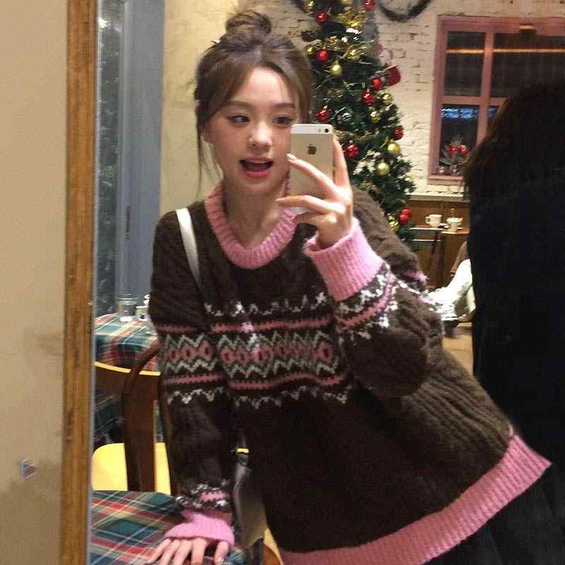 ニット レディース 秋冬 セーター トップス アメリカン ヴィンテージ風 高級感 クリスマス ジャガード 配色 ゆったり ラフ 厚手