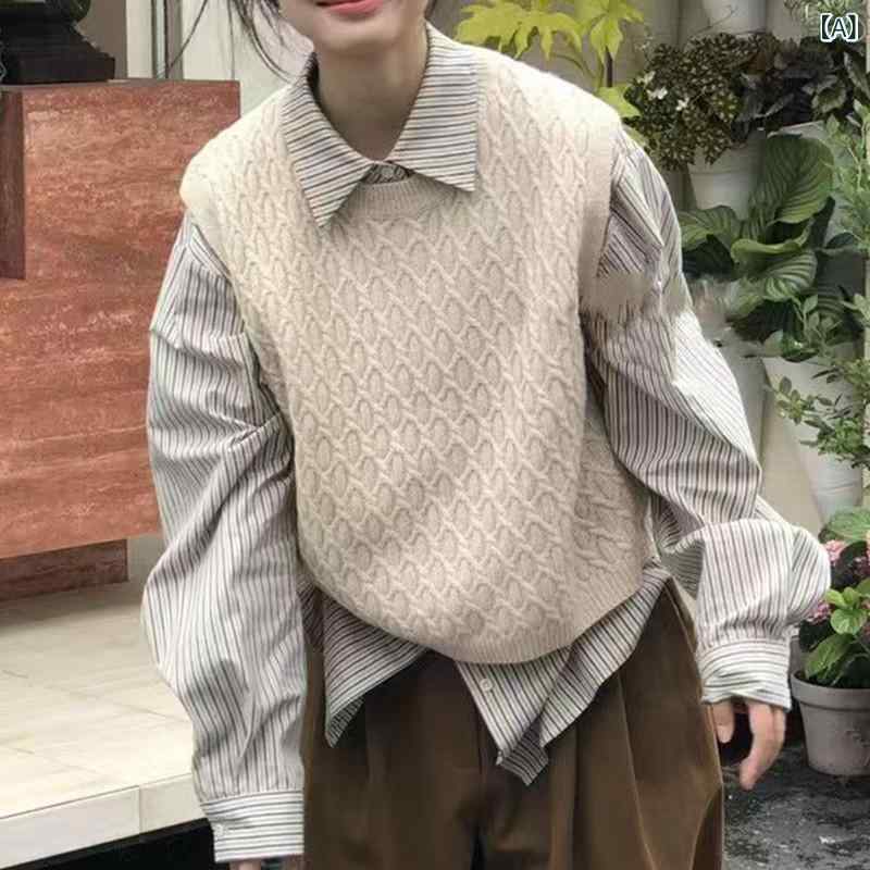 ベスト レディース ニット ケーブル編み ノースリーブ 秋服 秋冬 トップス チョッキ 重ね着 無地 レイヤード ゆるっと カジュアル ナチュラル 大人可愛い オフィス 通勤 通学 vision-stores-10366206 ビジョンストア サンプル画像2