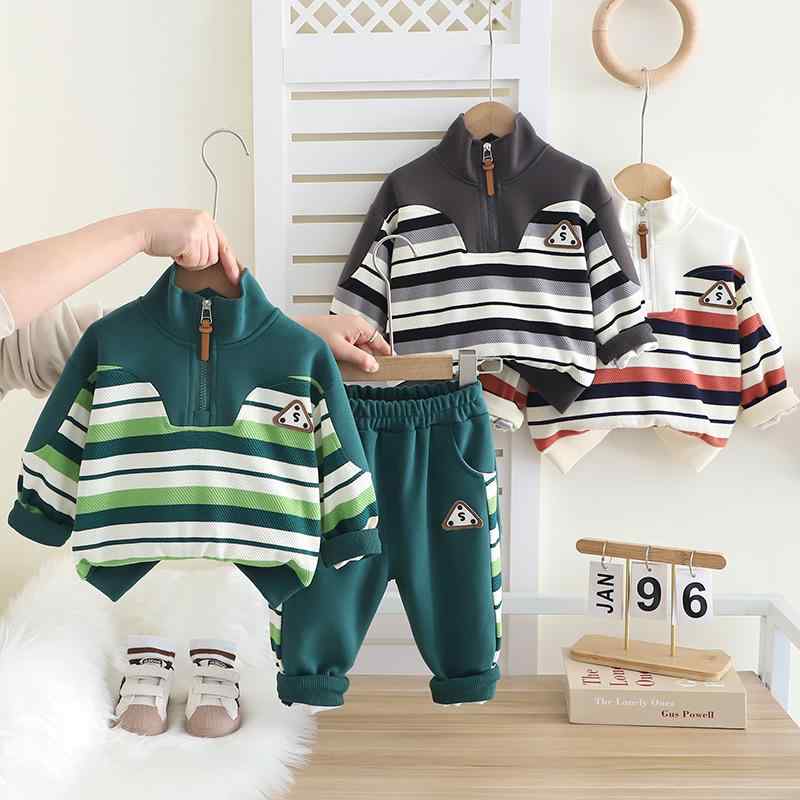 キッズ セットアップ 男の子 長袖 ハーフジップ スタンドカラー ストライプ柄 カラーブロック カジュアル 子供服 普段使い 通園 通学 春秋物 かっこいい・性別: 男・スタイル: 韓国風・セットタイプ: パンツセット・セット内容: 2点セット・対象年齢: 1〜3歳・袖丈: 長袖・フード: フードなし・パンツ丈: ロング丈・生地加工: 柔軟加工・厚さ: 普通・柄: カートゥーン・実物撮影: あり（モデルなし）・要素: セット、カートゥーン・縫製: 3cmあたり12〜14針・糸処理: 処理済み・素材: 綿80%・安全規格: B級・開閉タイプ: プルオーバー・カラー: グリーン、グレー、オレンジ・対応身長: 80cm、90cm、100cm、110cm、120cm・カテゴリ: キッズセット
