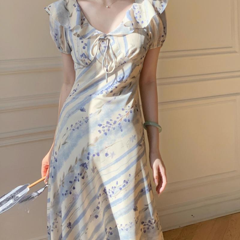 ワンピース レディース フレンチスタイル バイアスカット 藤の花 フリル襟 ロング丈 総柄 プリント エレガント 春夏 デート用 お出かけ用 パーティー きれいめ おしゃれ フェミニン 体型カバー 華やか 上品 清楚