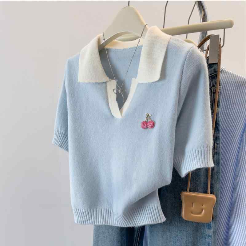 Tシャツ レディース バイカラー ポロ襟 半袖 薄手 接触 ニット ショート丈 夏・主素材2: スパンデックス・主素材: スパンデックス・柄: 無地・厚さ: 薄手・組み合わせ形式: 単品・フィット感: ルーズ・袖タイプ: レギュラー・袖丈: 半袖・トレンド: ヴィンテージ加工・着丈: 普通(50-65cm)・加工: 形態安定加工・カラー: ブルー・サイズ: フリーサイズ・スタイル: 日韓カジュアル、都市風、コンフォートカジュアル・着用方法: プルオーバー・主素材混率: 30-50%・主素材2混率: 30-50%・カテゴリ: ニット