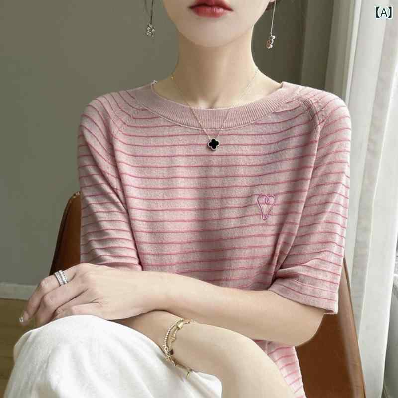 ニットTシャツ レディース 半袖 ストライプ ゆったり 薄手 大きいサイズ 接触 トップス 夏 カジュアル シンプル 体型カバー クルーネック 伸縮性 vision-stores-10368788 ビジョンストア サンプル画像2