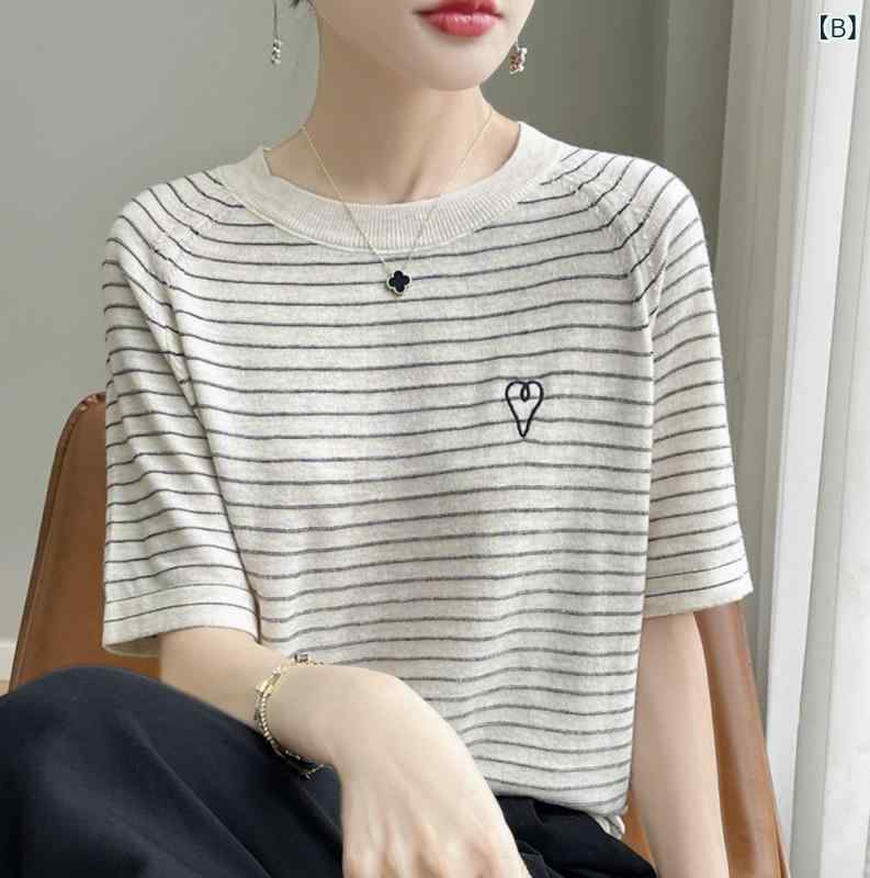 ニットTシャツ レディース 半袖 ストライプ ゆったり 薄手 大きいサイズ 接触 トップス 夏 カジュアル シンプル 体型カバー クルーネック 伸縮性 vision-stores-10368788 ビジョンストア サンプル画像3