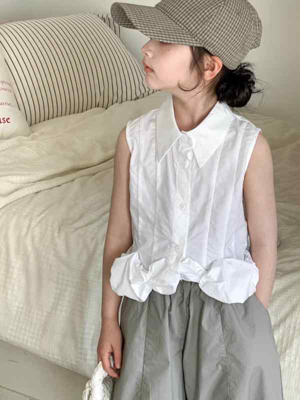 シャツ 女の子 キッズ ジュニア ノースリーブ トップス カットソー 小香風 フレンチスリーブ ショート丈 春夏 サマー 親子 ペアルック リンクコーデ 親子ペア かわいい カジュアル お出かけ 旅行