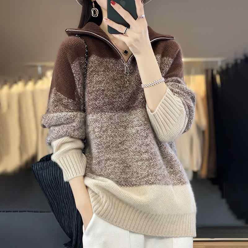 ニット レディース 秋冬 長袖 襟付き 配色 レトロ ゆったり ルーズ ウール カシミヤ混 ハーフジップ 通勤用 普段使い カジュアルスタイル・素材: 羊毛・柄: ストライプ、チェック・厚み: 厚手・セット内容: 単品・スタイル: プルオーバー・フィット感: ゆったり・袖の形状: レギュラー袖・襟: 襟なし・袖丈: 長袖・トレンド: レザー切り替え・製法: パッチワーク、切り替え・カラー展開: オーシャンブルー、モカブラウン、定番ブラック・サイズ展開: フリーサイズ・テイスト: エレガント通勤・着用方法: プルオーバー・素材構成: 95%以上・カテゴリ: セーター