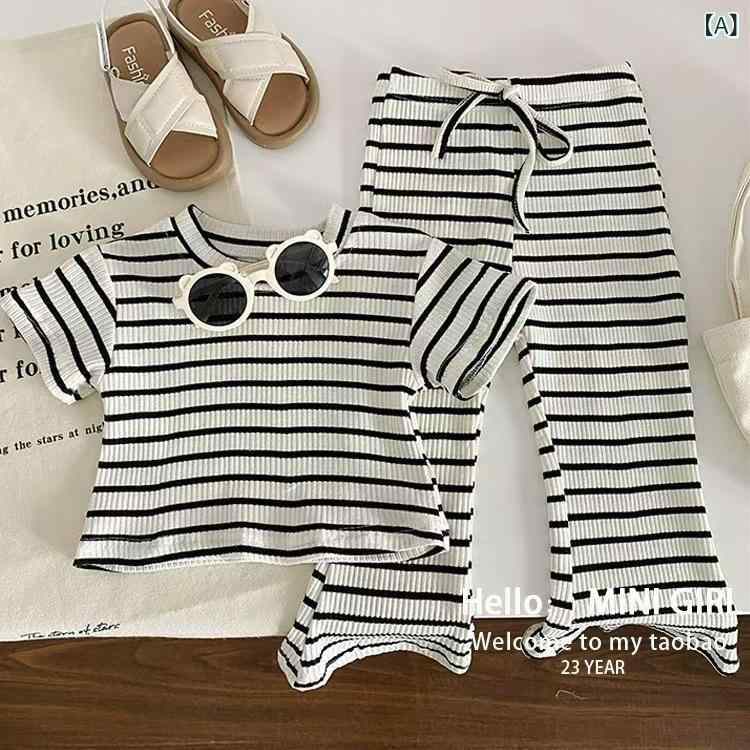 セットアップ キッズ 女の子 子供 2点セット Tシャツ 半袖 喇叭パンツ ロングパンツ フレアパンツ カットソー ボーダー柄 ストライプ 接触冷感 薄手 伸縮性 ストレッチ カジュアル ウエア 通園 通学 普段着 涼しい サマー