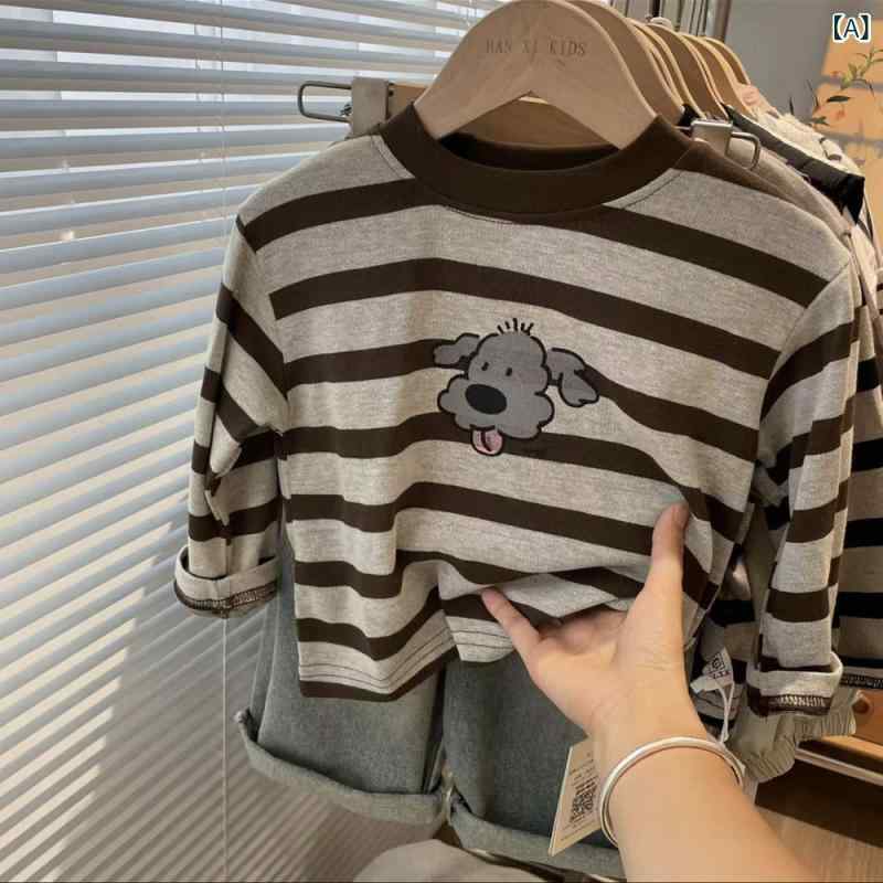 ビジョンストアのTシャツ キッズ 男の子 女の子 長袖 カットソー トップス 子供服 綿 コットン ストライプ ボーダー インナーシャツ インナー プルオーバー カ通学 通園 普段着 カジュアル 秋 冬 秋冬 キャラクター 犬 犬柄｜アングル2