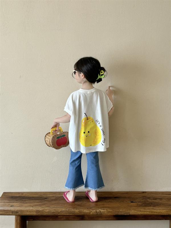 Tシャツ 女の子 キッズ 子供 半袖 カットソー トップス 九分丈 デニム パンツ ジーパン ジーンズ ボトムス ズボン 上下セット かわいい キャラクター プリント ゆるシルエット ルーズ フィット カジュアル 通学 普段着替え 夏 サマー