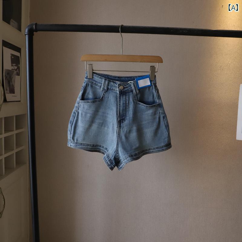 ビジョンストアのショートパンツ レディース デニム ボトムス ハーフパンツ ジーパン ジーンズ 短パン ホットパンツ aライン ハイウエスト レトロ ヴィンテージ風 カジュアル シンプル 無地 ブルー 美脚 脚長 普段使い 通学 デート 夏 サマー｜アングル2