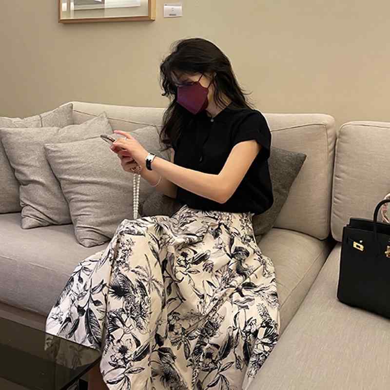 セットアップ レディース ニット 半袖 トップス ポロネック レトロ 襟付き 花柄 スカート ロング フレア ハイウエスト スリム 細見え Aライン カジュアル フェミネンス 上下セット 2点セット 春夏