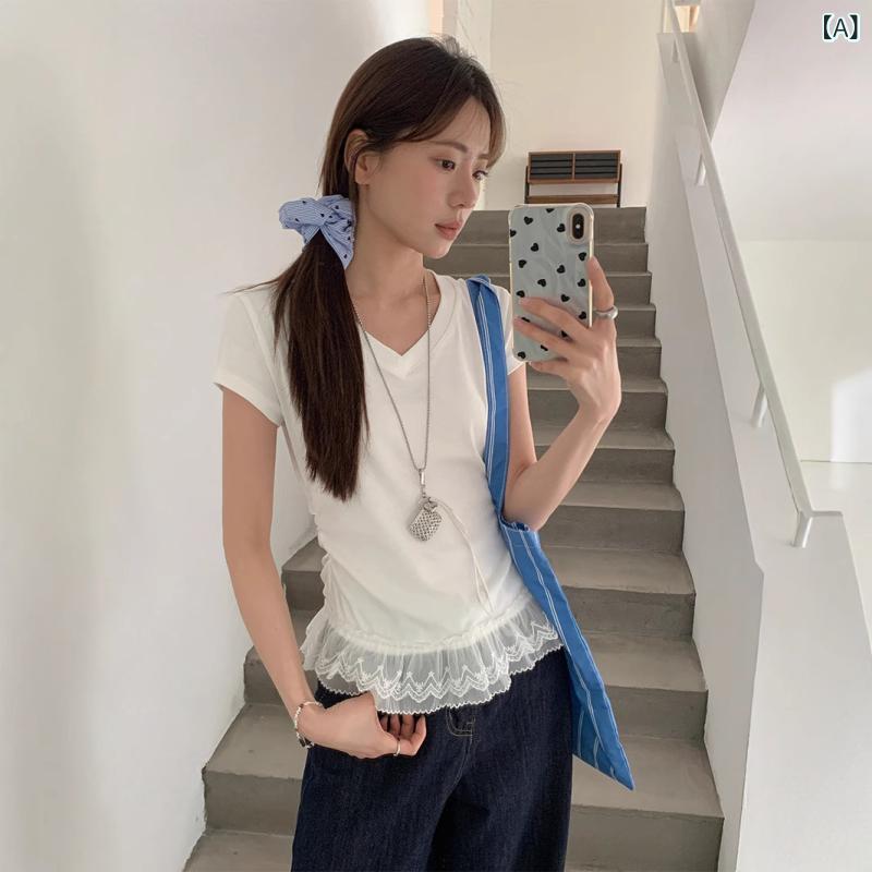 Tシャツ レディース カットソー 半袖 トップス サマーニット Vネック レース 裾レース ギャザー ギャザー入り タック 裾フリル ペプラム タイト スリム 細身 フィット ショート丈 クロップド丈 無地 かわいい おしゃれ カジュアル フェミニン 通 vision-stores-10378143 ビジョンストア サンプル画像2