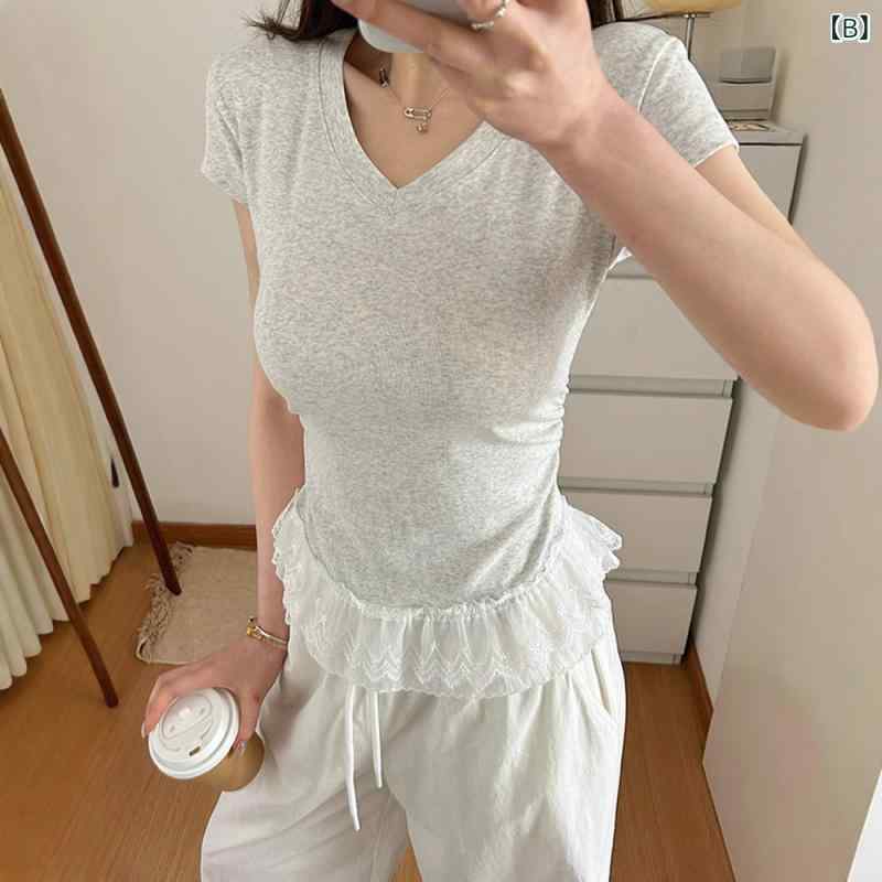 Tシャツ レディース カットソー 半袖 トップス サマーニット Vネック レース 裾レース ギャザー ギャザー入り タック 裾フリル ペプラム タイト スリム 細身 フィット ショート丈 クロップド丈 無地 かわいい おしゃれ カジュアル フェミニン 通 vision-stores-10378143 ビジョンストア サンプル画像3