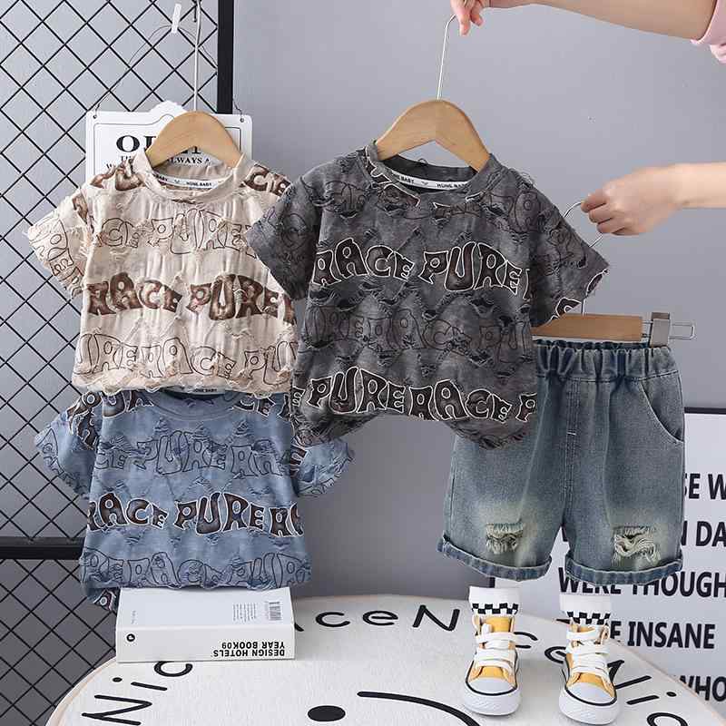Tシャツ 男の子 半袖 Tシャツスーツ 破洞 ジーンズ ダメージデニム カットソー トップス キッズ 子供服 上下セット パンツ カジュアル 英語プリント アルファベット vision-stores-10381190 ビジョンストア パッケージ画像