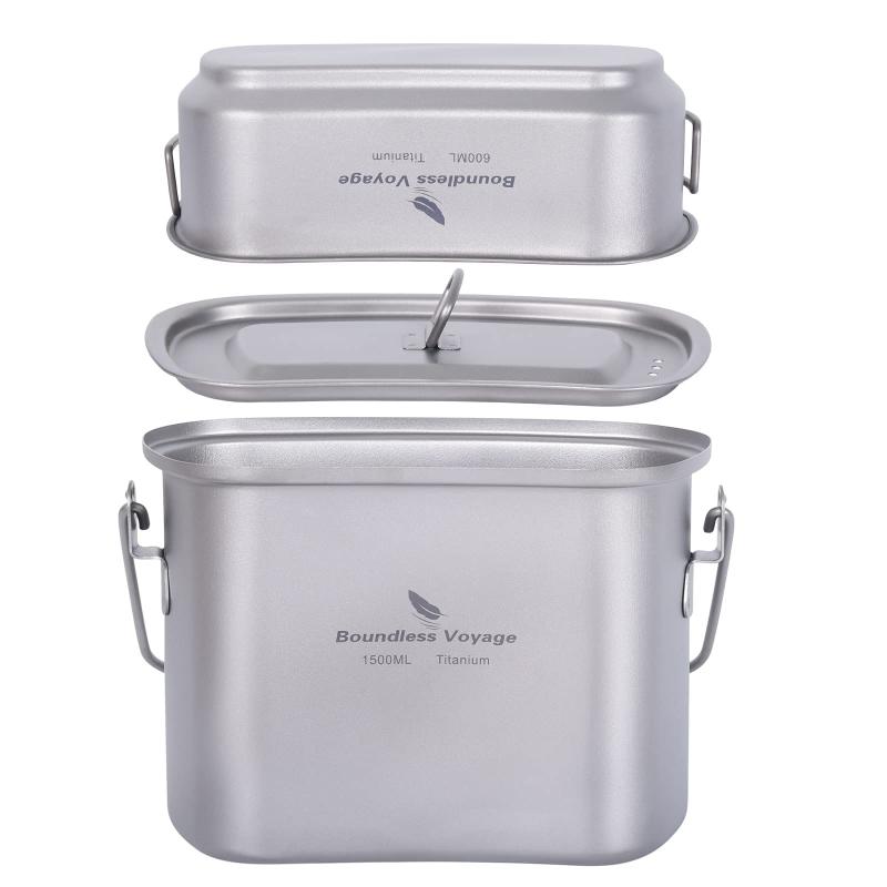 Boundless Voyage チタン ハンゴウ 飯ごう クッカーセット 大容量 1500ml + 600ml 軽量化 サビない アウトドア キャンプ クッカー メスキット Ti2059C材質：99.8％チタン容量：約1500ml＆600ml重量：約184g(深いクッカー)、95g(浅いクッカー)、45g(フタ)。総重量約324g。収納サイズ：(L)185 × (W)172 × (H)105mm。メッシュバッグ付き。