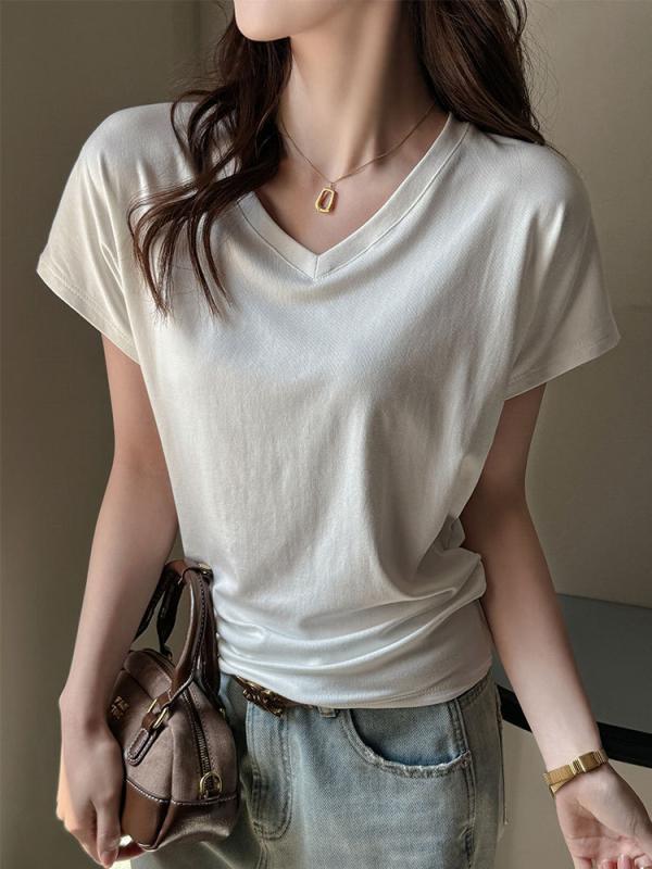 Tシャツ レディース 半袖 Vネック カットソー トップス プルオーバー インナー 春夏 ゆるTシャツ ルーズ ゆったり 細見え 着痩せ 華奢見え 楽ちん カジュアル 普段使い 通勤用 通学用 デイリー 無地 シンプル ベーシック 韓国風