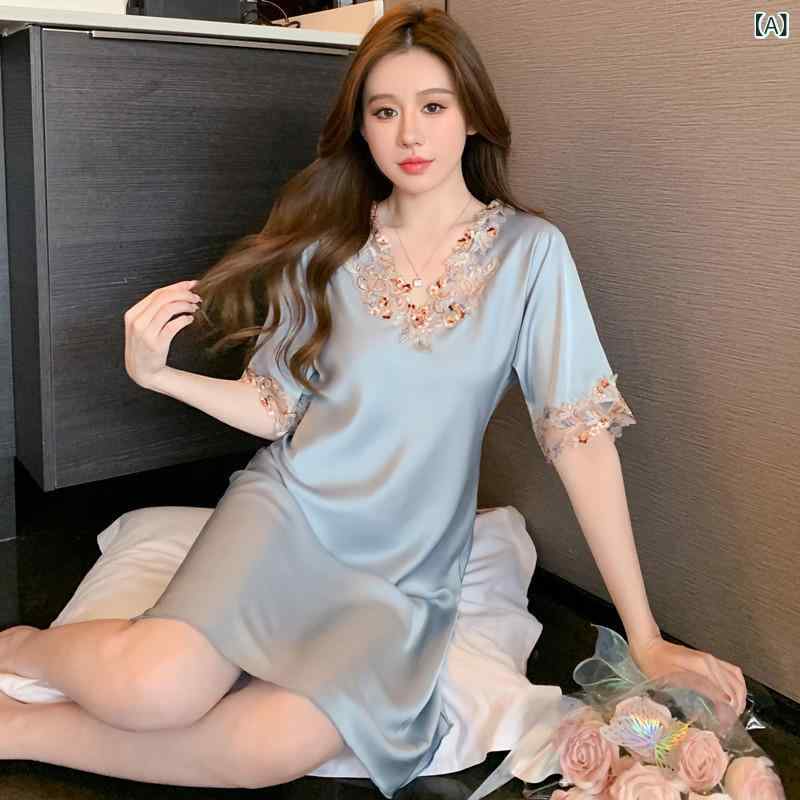 夏 氷の パジャマ レディース 薄い 色の レースシルクセクシーパジャマの 半袖 夏 高級 感の 家の 服生地名: アイスシルクスタイル: シャム,高級感主な生地構成: ポリエステル（ポリエステル繊維）生地の厚さ（グラム重量）: 薄手（101～120g/平方メートル）襟のタイプ: Vネック袖丈: 五分袖機能: 通気性ある,眠り,COOL,快適市場に出た時間: 2023年春季節に合わせて: Summer,spring該当する人口カテゴリー: 若い女性該当するシナリオ: ホーム色: エレガントブルー,妖精の粉,セクシー黒,シャンパン,情熱的な赤サイズ: エム (35-45kg),エル(45-55kg),XL (55-65kg パック),XXL (65-75kg パック),XXXL (75-85kg)ブランド: FANDUOTINGORIGIN: 義烏、浙江省商品番号: 2309スカート丈: 短いスカート主な生地成分含有量: 95% (含む) ～ 100% (含まない)