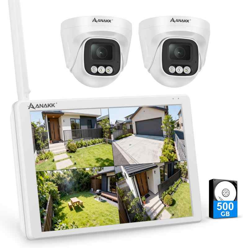 Anakk 防犯カメラ 屋外 500万画素 2台 130°広角 IP67防水 モニター付き wifi ドー...