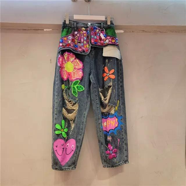 ジーンズ レディース デニム パンツ ボトムス ジーパン 高腰 ハイウエスト ジーパン ストレート ルーズ ゆったり ビーズ 刺繍 ダメージ加工 破れ クラッシュ ワークパンツ ロング丈 カジュアルウェア 春秋