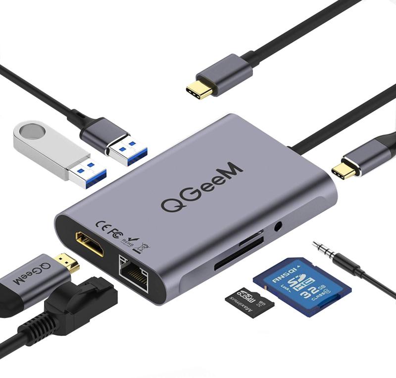 USB C ハブ,QGeeM 8 in 1 USB TypeC HDMIドッキングステーション,lanポート イーサネット1G, 3.5mm AUX,SDカードリーダー, MacBook 2018/Ipad Pro/XPS13/Galaxy S10などに対応