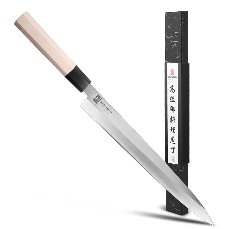 KEENSUN 刺身包丁 刃渡り270mm AUS-8ステンレス鋼 正夫 柳刃包丁 切付-先丸包丁 片刃 右利き 料理用 家庭用 生魚 切る プレゼント 八角型ハンドル素材は樹脂と黒い牛角