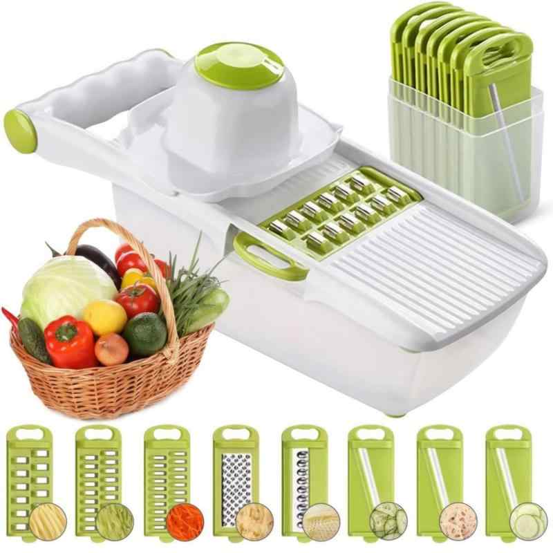 野菜スライサー セット 1台8役 多機能 キャベツ 大根おろし しりしり器 スライサーセット【安全設計】安全なハンドガードは食べ物を安全に握り、手を傷から守ることができます。スライサはパネルと容器の底部に滑り止めマットを備えており、平面上でスライスする際に安定している。【セット内容】スライサーには8つの交換可能なブレード、1つの食品容器台座、1つのハンドガードが付いています。この野菜カッターを使用すると、カット、スライス、カットのすべてのニーズに対応でき、時間を節約できます。【食品級材料】スライサーは食品級402ステンレス鋼とビスフェノールAを含まないABSプラスチックで作られ、ステンレス鋼刃は非常に鋭利で、無毒で錆びにくい。【多種の形状と大きさ】1mmスライス、2mmスライス、3mmスライス、3mm千切り、4mm千切り、5.5mm千切り、ワッフルスライス用の飾り切り刃、おろし金、さまざまな用途にいかせます。【清潔で使いやすい】野菜スライサーは素早く組み立てることができます。設置や清掃が容易です。ブレードはいろいろな野菜を切ったり、チーズを砕いたり、ジャガイモや果物を切ったりすることができます。サラダ野菜やマッシュポテトを作ることもできます。