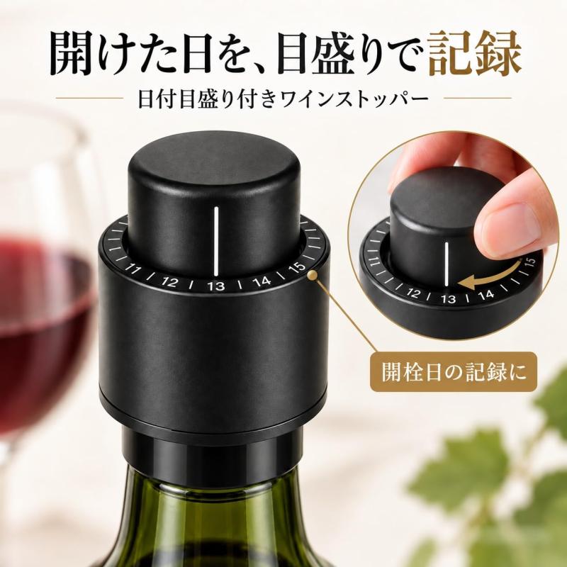 Festov ワインストッパー 日付目盛り付き プッシュ式 開栓日を記録 飲み残し保存用 ブラック 1個入り vision-stores-10413826 ビジョンストア サンプル画像2