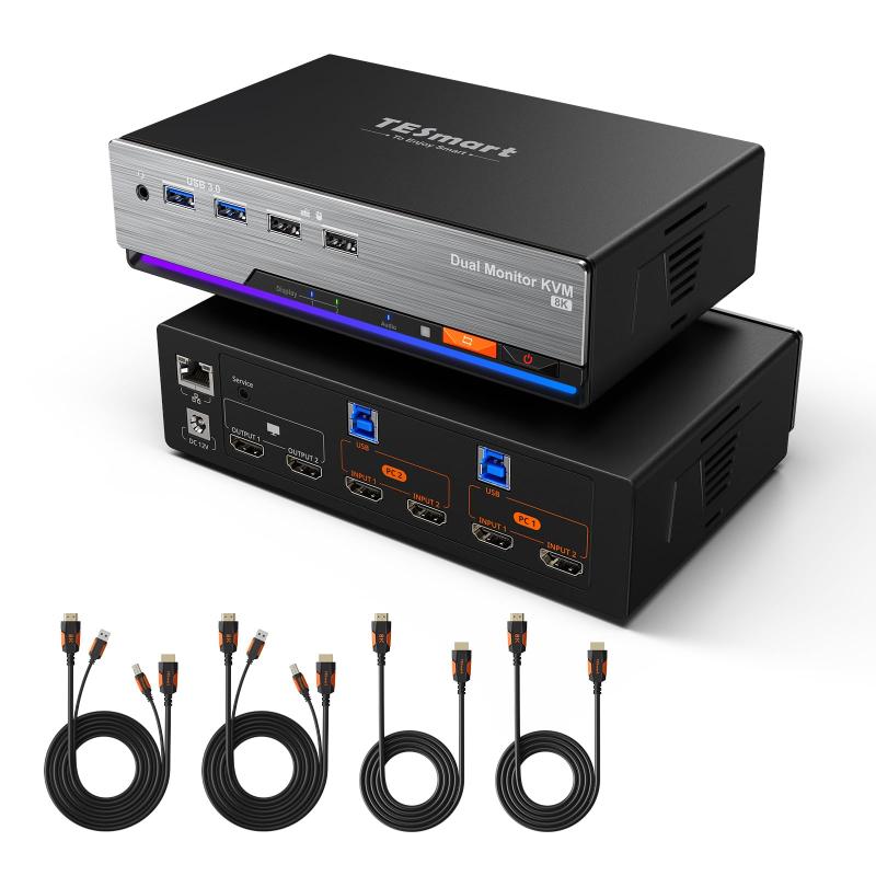 TESmart 8K@60Hz KVMスイッチ HDMI 2入力2出力 2台モニター2台パソコン用 USB3.0 デュアルモニターKVM切替器4K@144Hz EDID機能 充電機能 ギガビットネットワーク ホットキースイッチ オーディオ＆マイク H