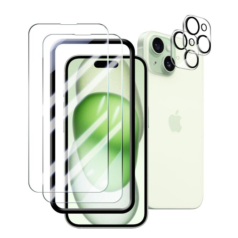 SUJASEN ガラスフィルム iPhone 15 用 強化ガラス 保護フィルム [2* フィルム + 2* レンズ保護フィルム+ 1*ガイド枠付き]強化ガラス 耐衝撃·硬度9H 指紋防止 飛散防止 高光沢 気泡なし 貼りやすい
