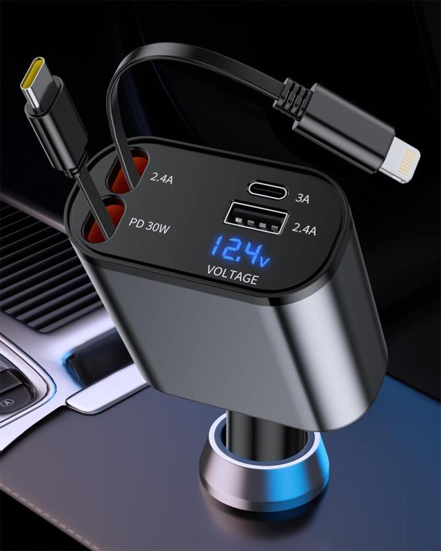 iVoiddeck 車 充電器 巻き取り式 シガーソケット 4in1 車載充電器 カーチャージャ...