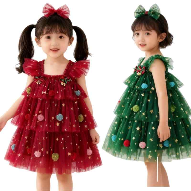 [ZOMOZO] サンタコスプレ 子供 ドレス クリスマスツリー ツリー 仮装 ワンピース 可愛い コスチューム イベント キッズ 女の子 チュールワンピース チュチュスカート ふんわり 袖なし ガールセット内容：ワンピース、ヘアピン*1。3歳以上の子供に適用します。