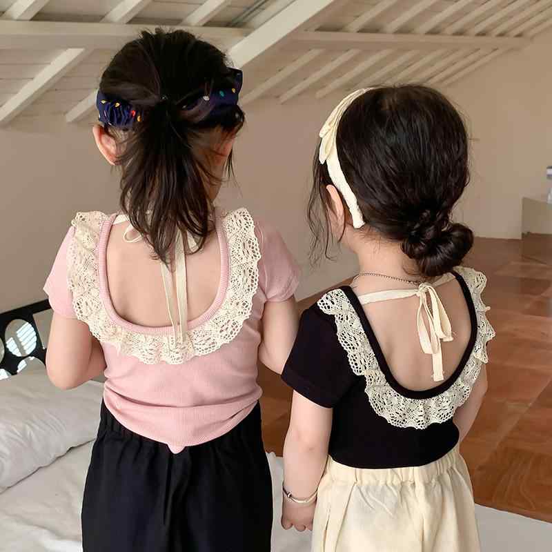 Tシャツ 女の子 キッズ 子供服 カットソー 半袖 トップス インナー バックオープン 背中開き フリル レース 無地 カジュアル コットン 綿 通気性 伸縮性 普段使い 遊び着 お出かけ サマー 夏